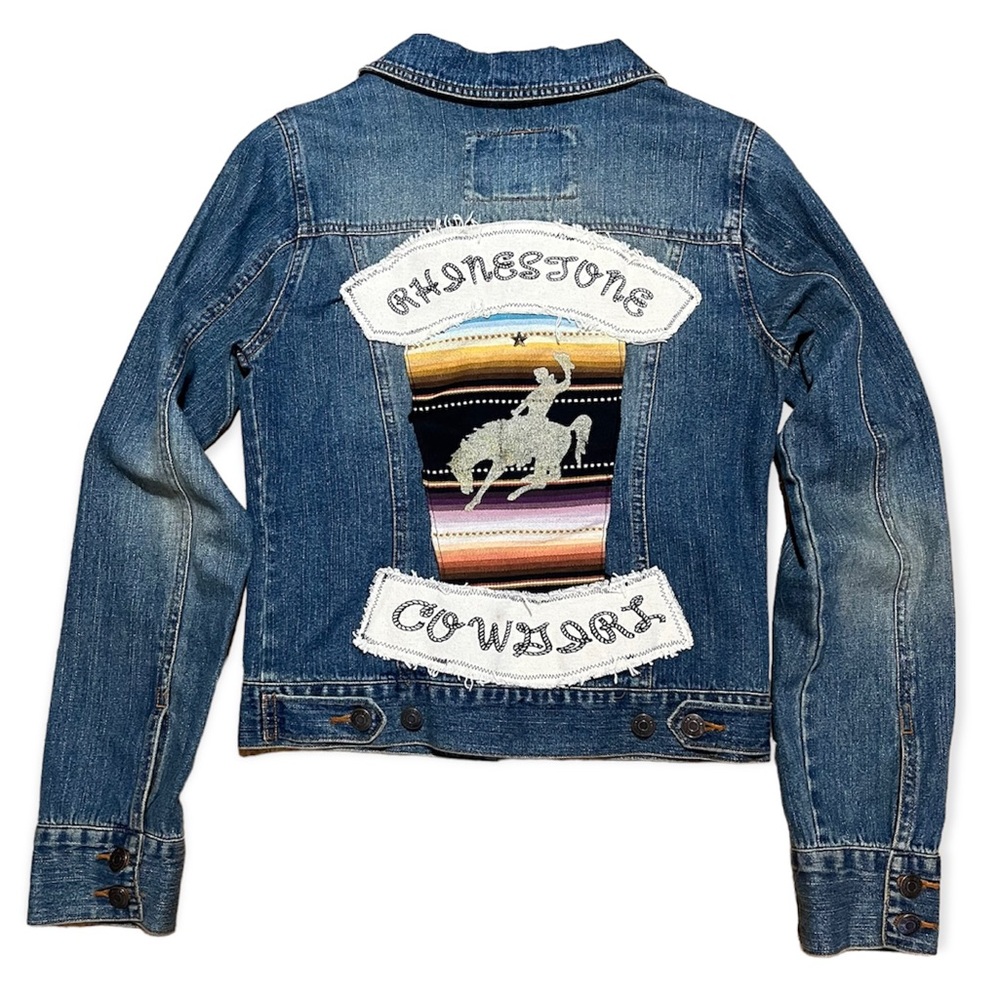 Custom “Rhinestone Cowgirl” Patch Embellished Jean Jacket Sz S